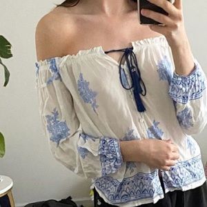 White Chiffon Blouse w/ Blue Detailing